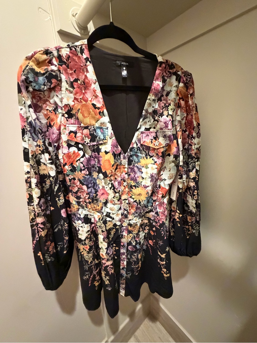 Aqua Black Floral Deep V Tunic with Multicolor Print